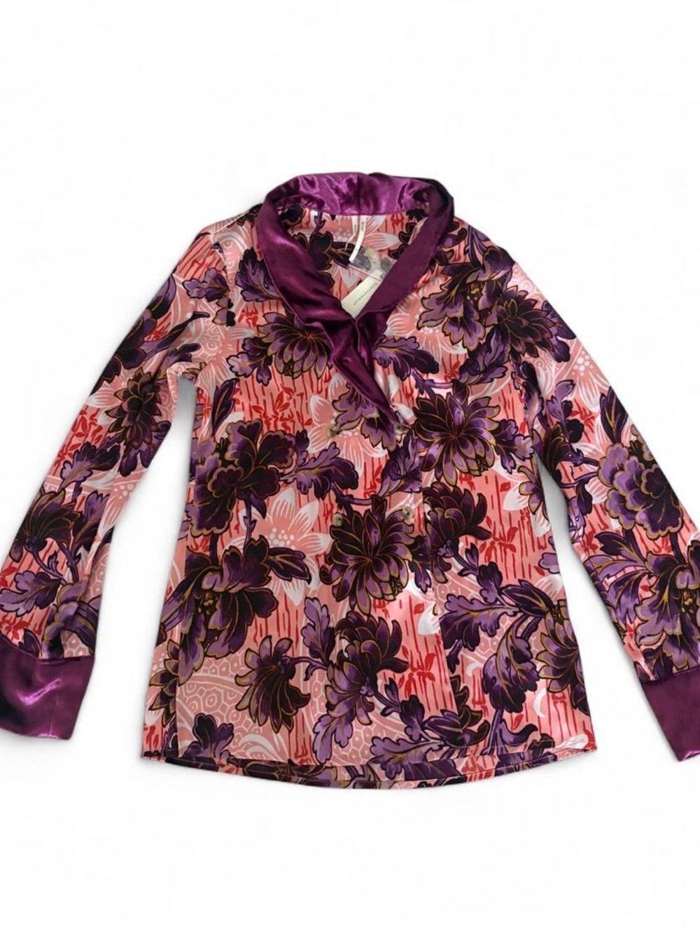NWT Anthropologie Luxe Women's Purple Floral Satin-Trim Blouse